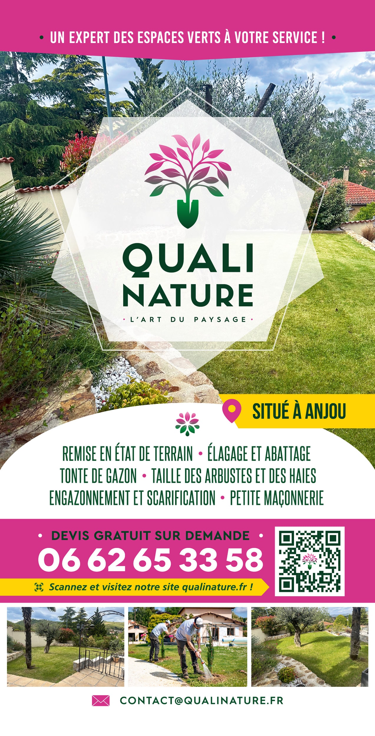Flyer A5 Quali Nature recto — Un expert des espaces verts à votre service, QR qualinature.fr, 06 62 65 33 58.