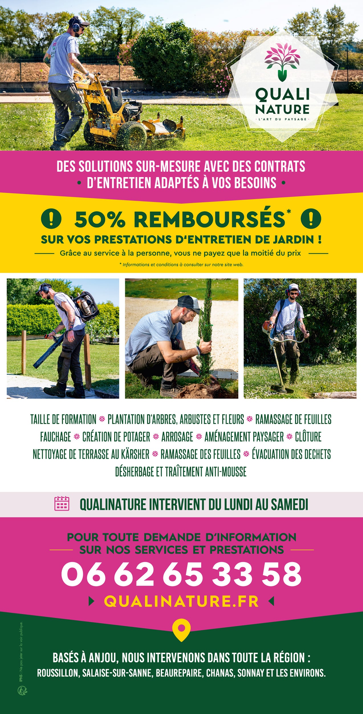 Flyer A5 Quali Nature verso — 50% remboursés sur l’entretien, photos métiers, zones Anjou et environs.
