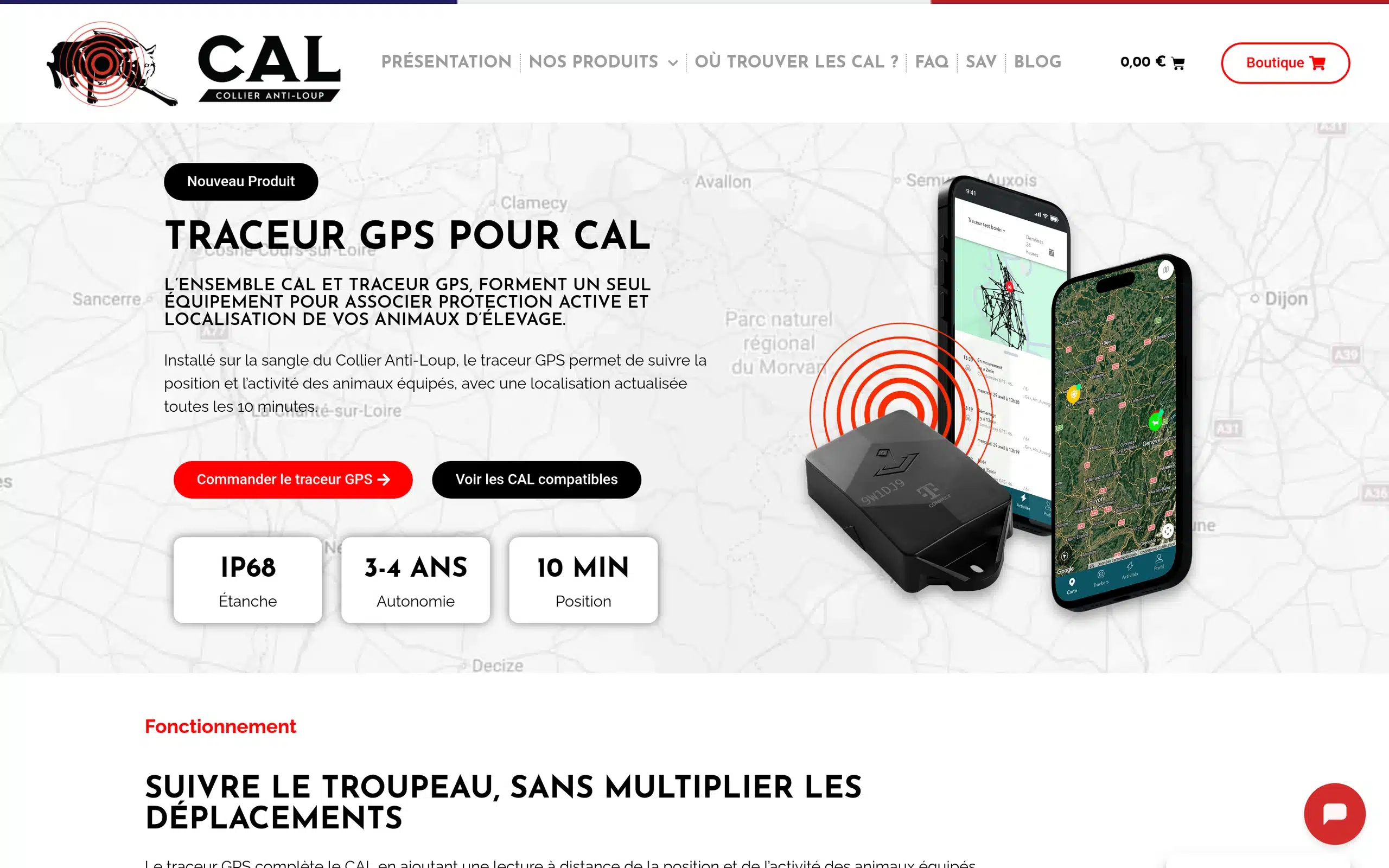 Page « Traceur GPS » du site Collier Anti-Loup, présentée sur ordinateur.