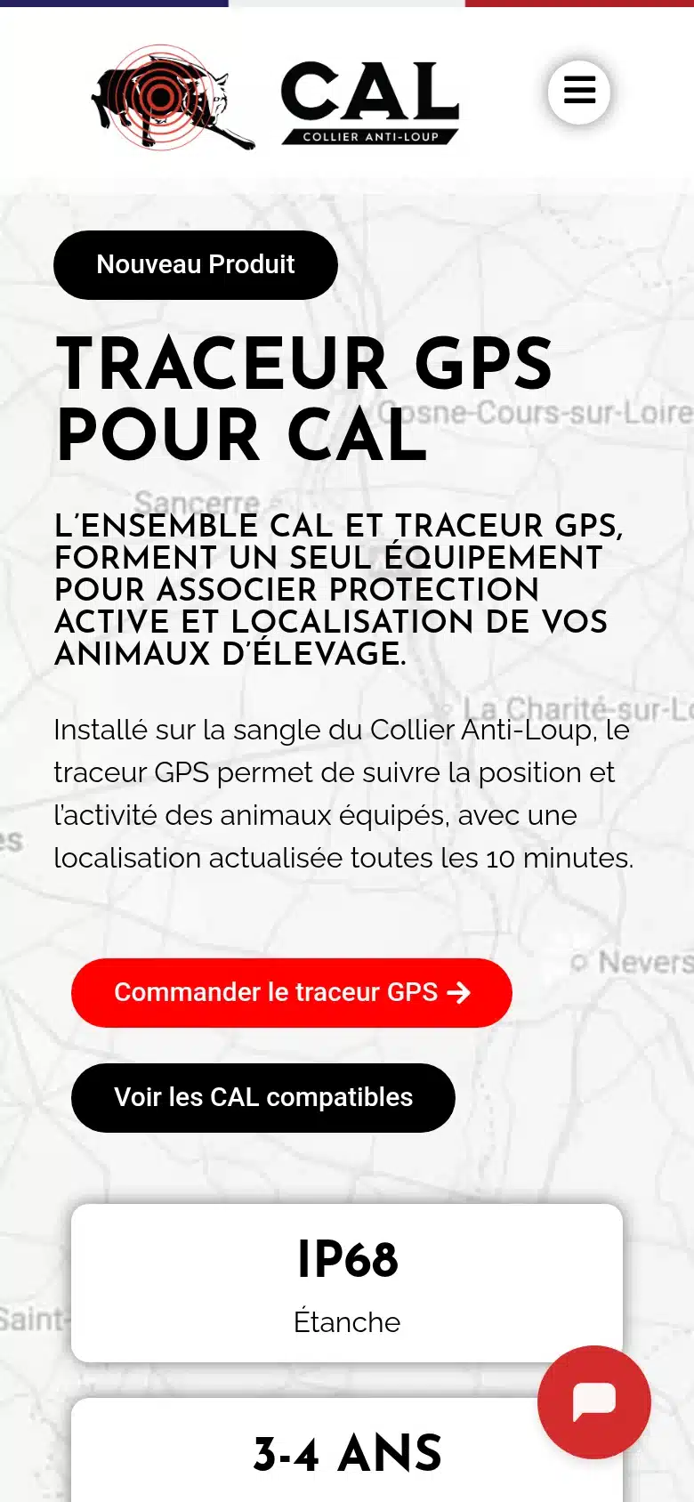 Page « Traceur GPS » du site Collier Anti-Loup, présentée sur téléphone.