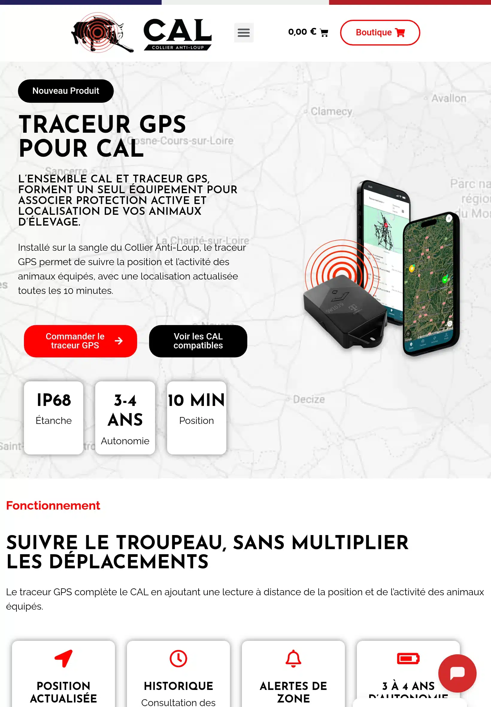 Page « Traceur GPS » du site Collier Anti-Loup, présentée sur tablette.