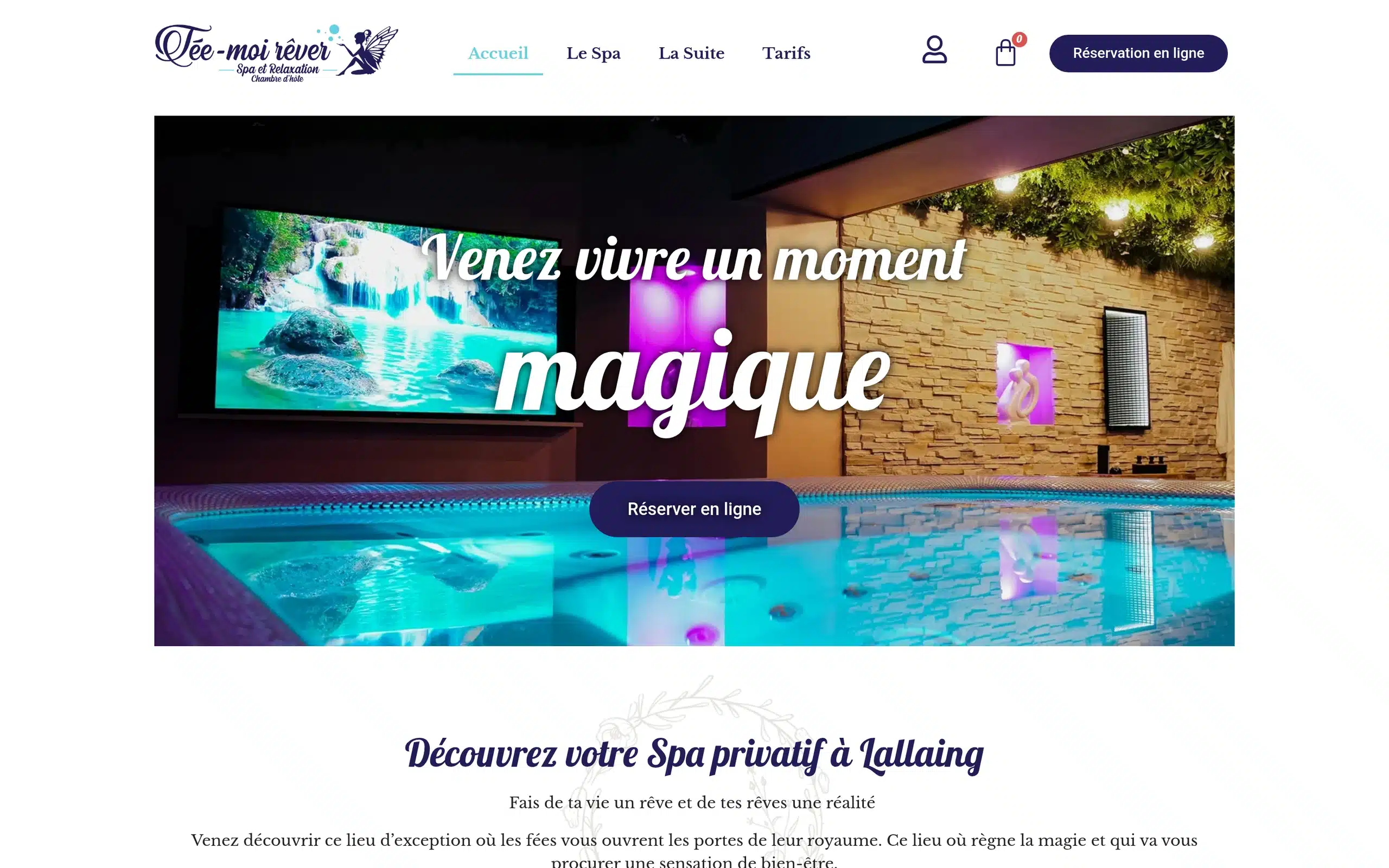 Page d’accueil du site Fée Moi Rêver, présentée sur ordinateur.