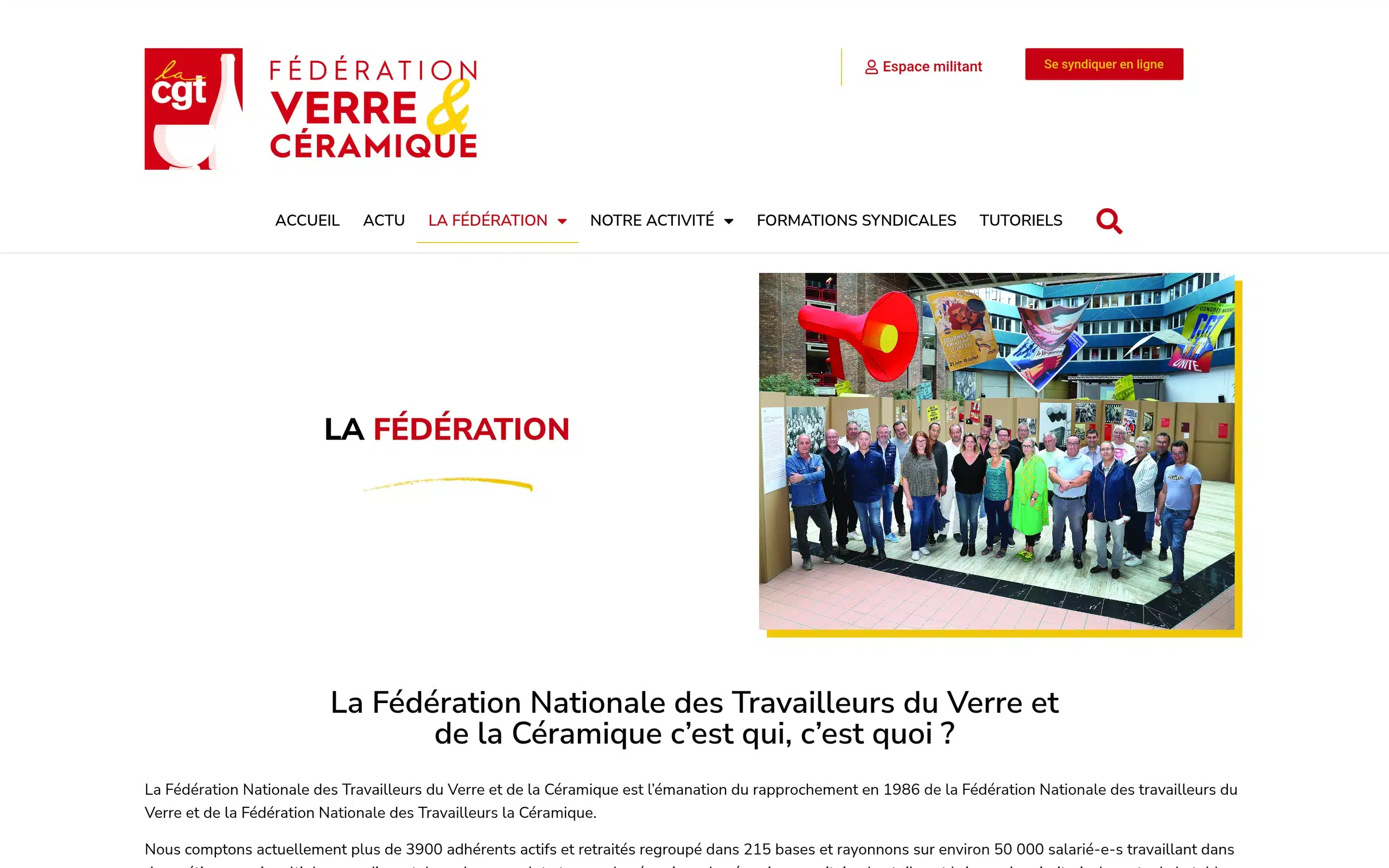 Page de présentation de la Fédération CGT Verre et Céramique, version ordinateur