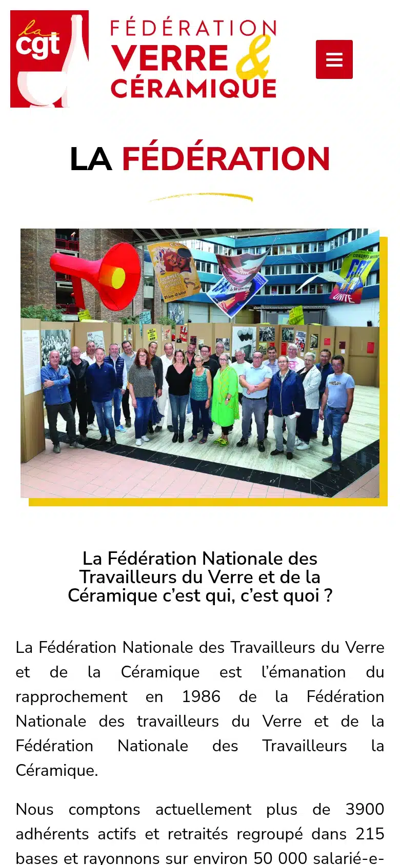 Page de présentation de la Fédération CGT Verre et Céramique, version téléphone