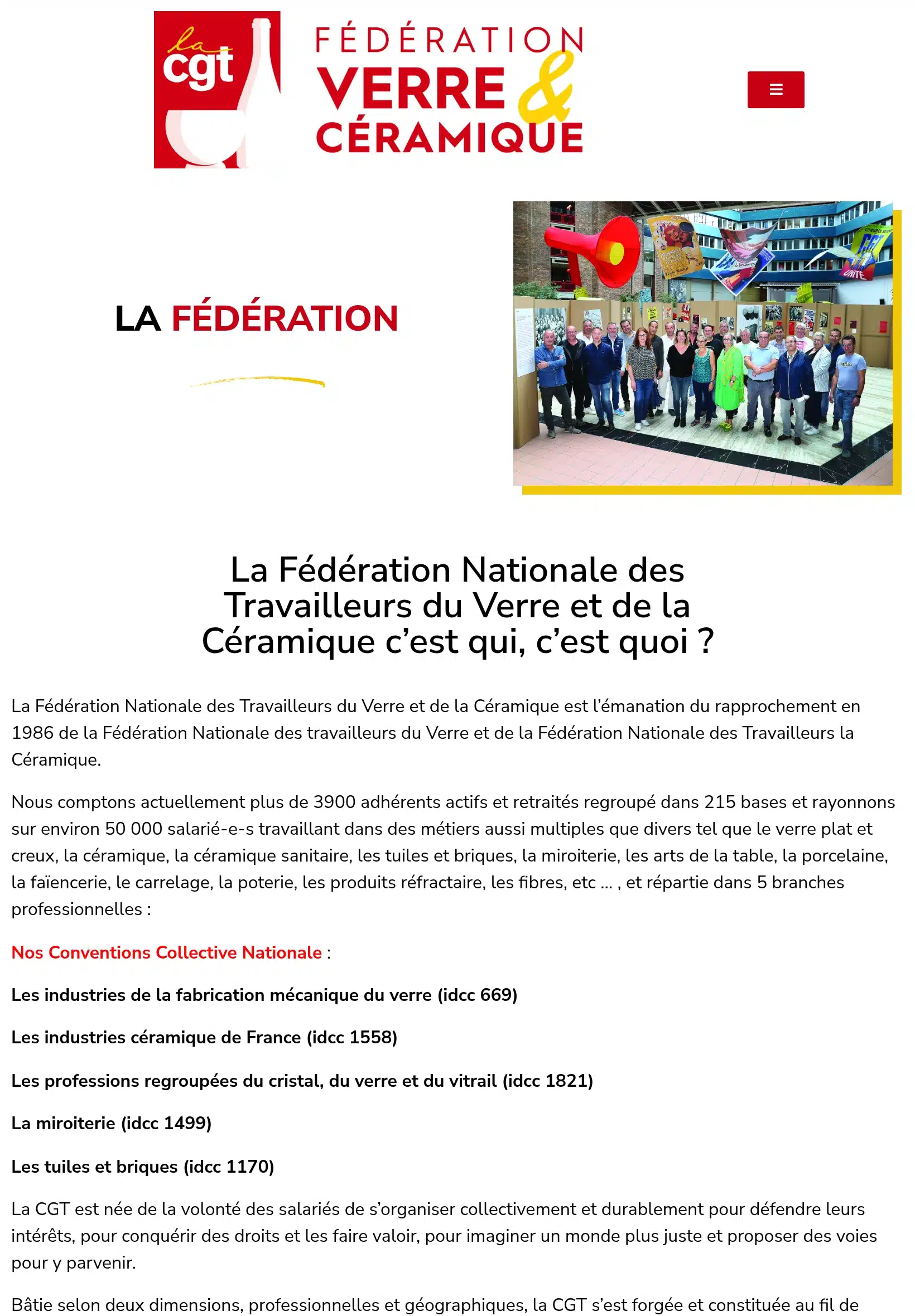 Page « La Fédération » du site FNTVC CGT Verre et Céramique, présentée sur tablette.