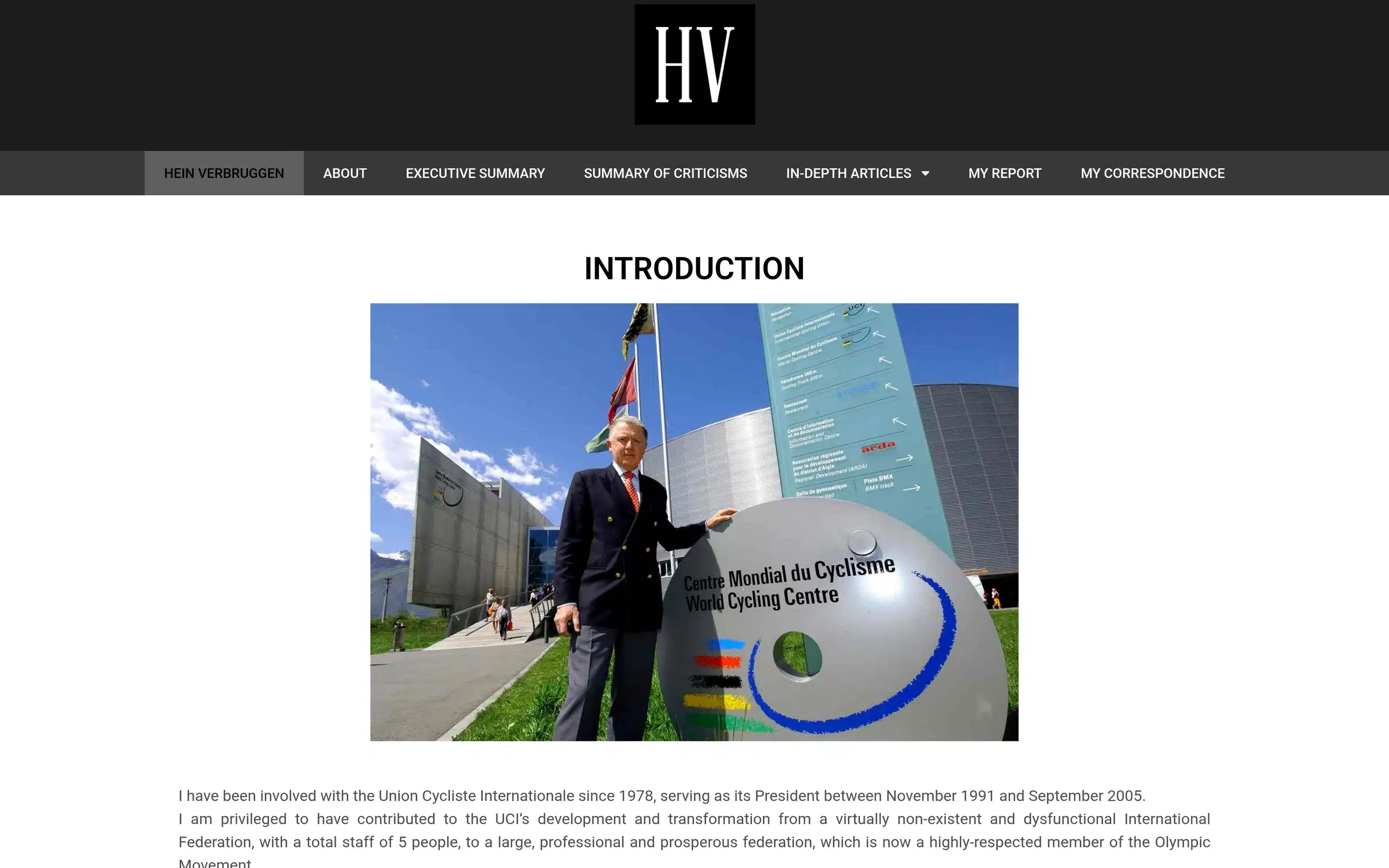 Accueil du site documentaire de Hein Verbruggen, avec l’introduction de son point de vue