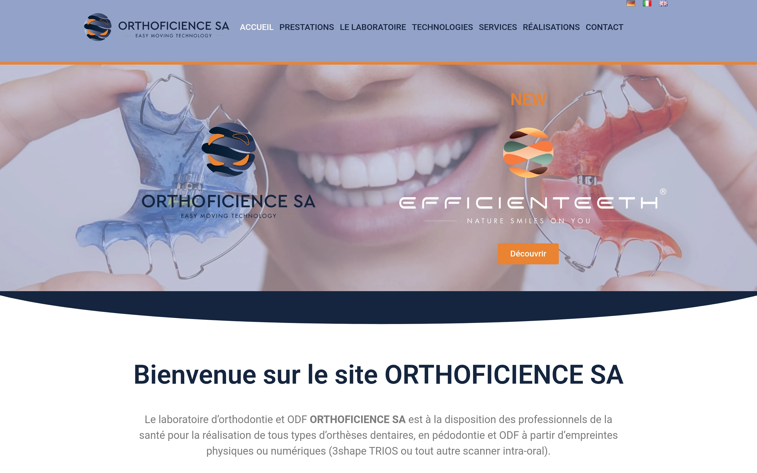 Page d’accueil du laboratoire d’orthodontie OrthoFicience