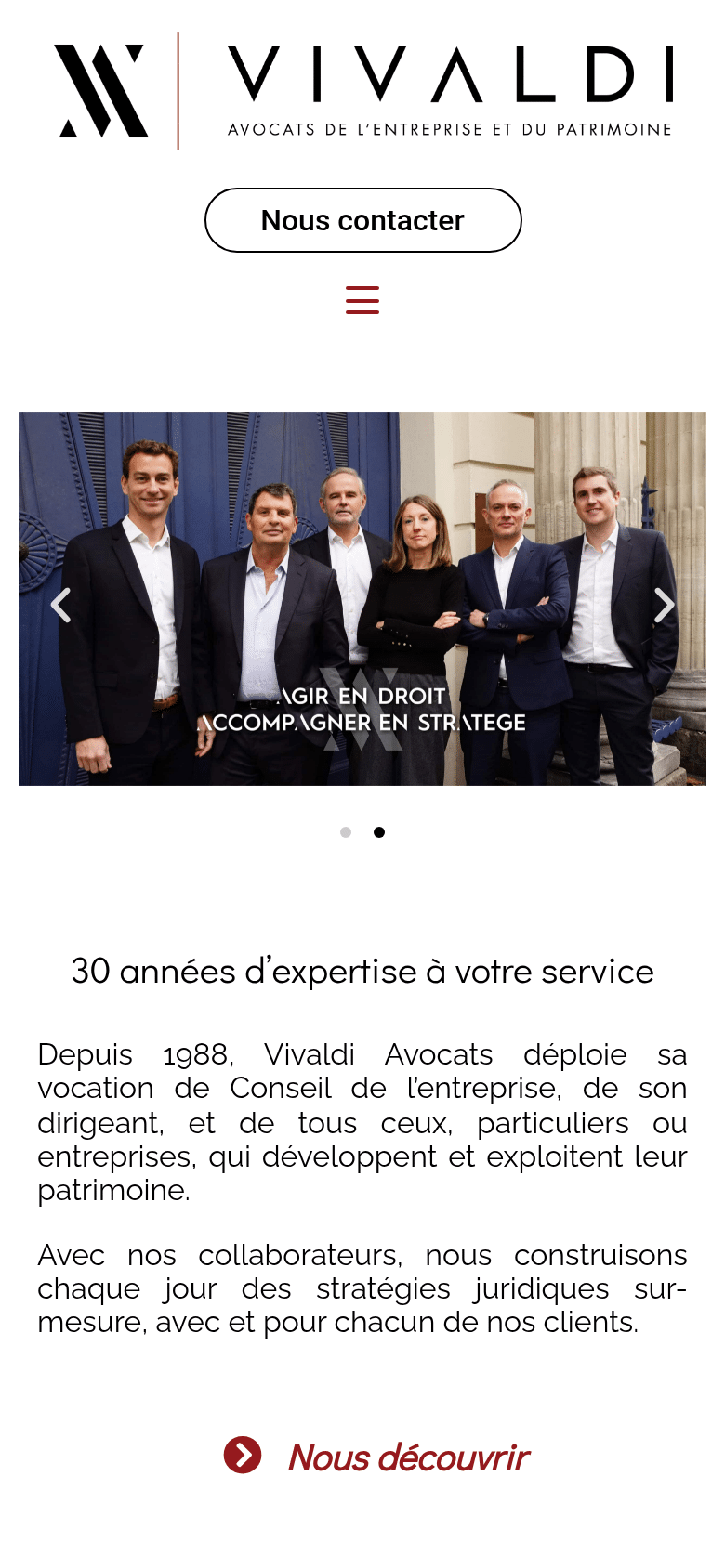 Page d’accueil du site Vivaldi Avocats, présentée sur téléphone.