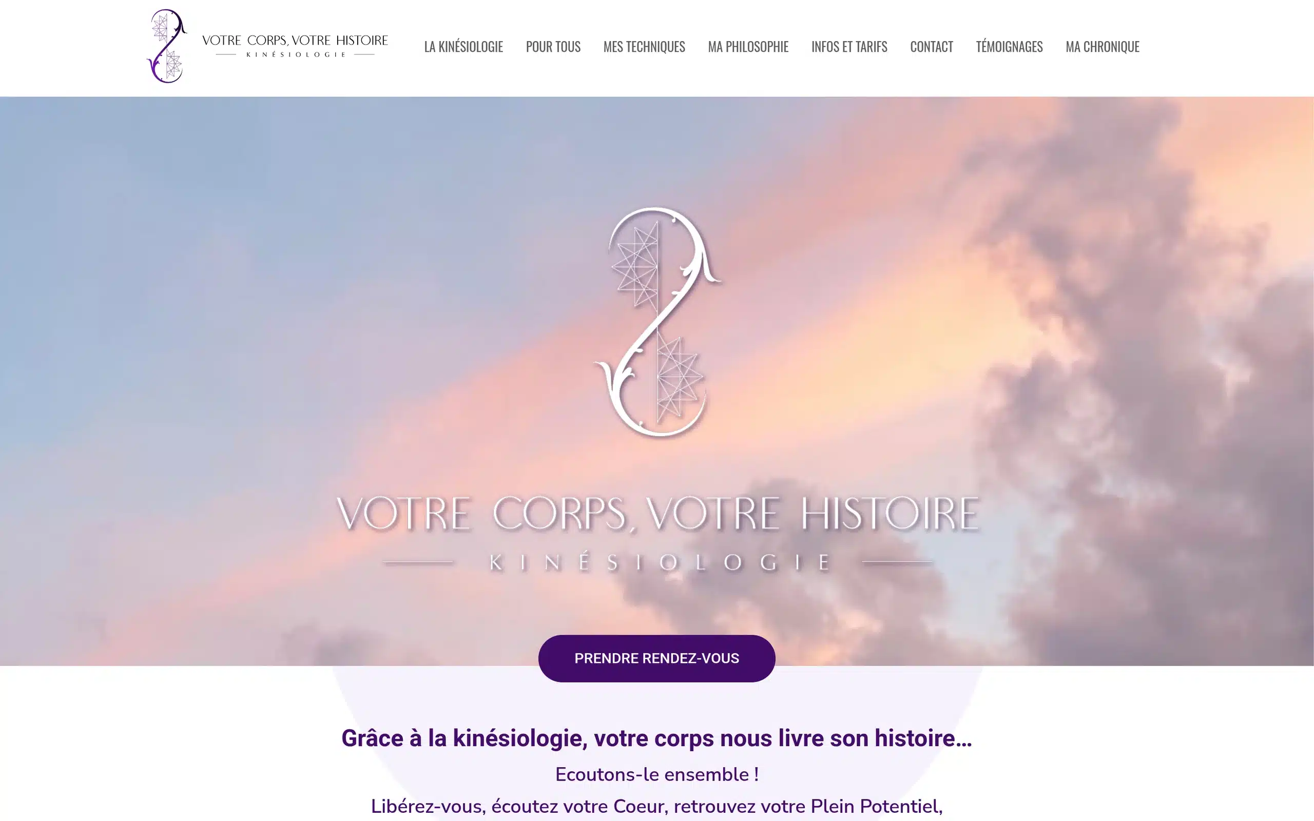 Accueil du site Votre Corps, Votre Histoire, avec son identité et l’accès au rendez-vous